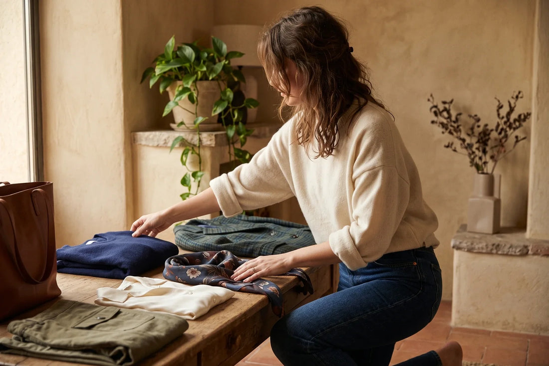Woman arranging a refined color palette of apparel pieces