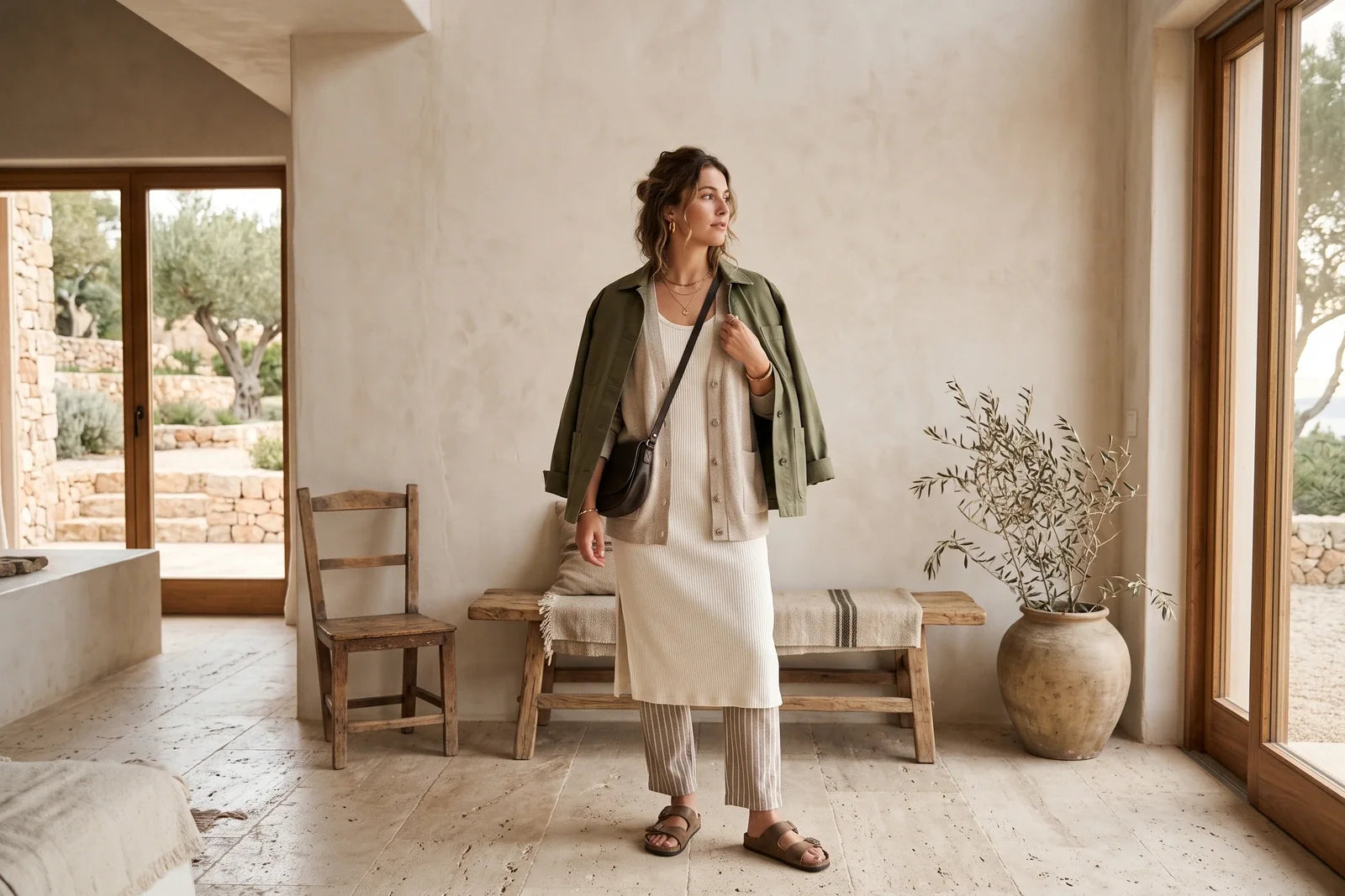 Woman styling light wardrobe layers in natural light