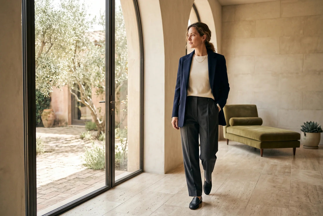 Woman wearing a polished everyday outfit in natural light