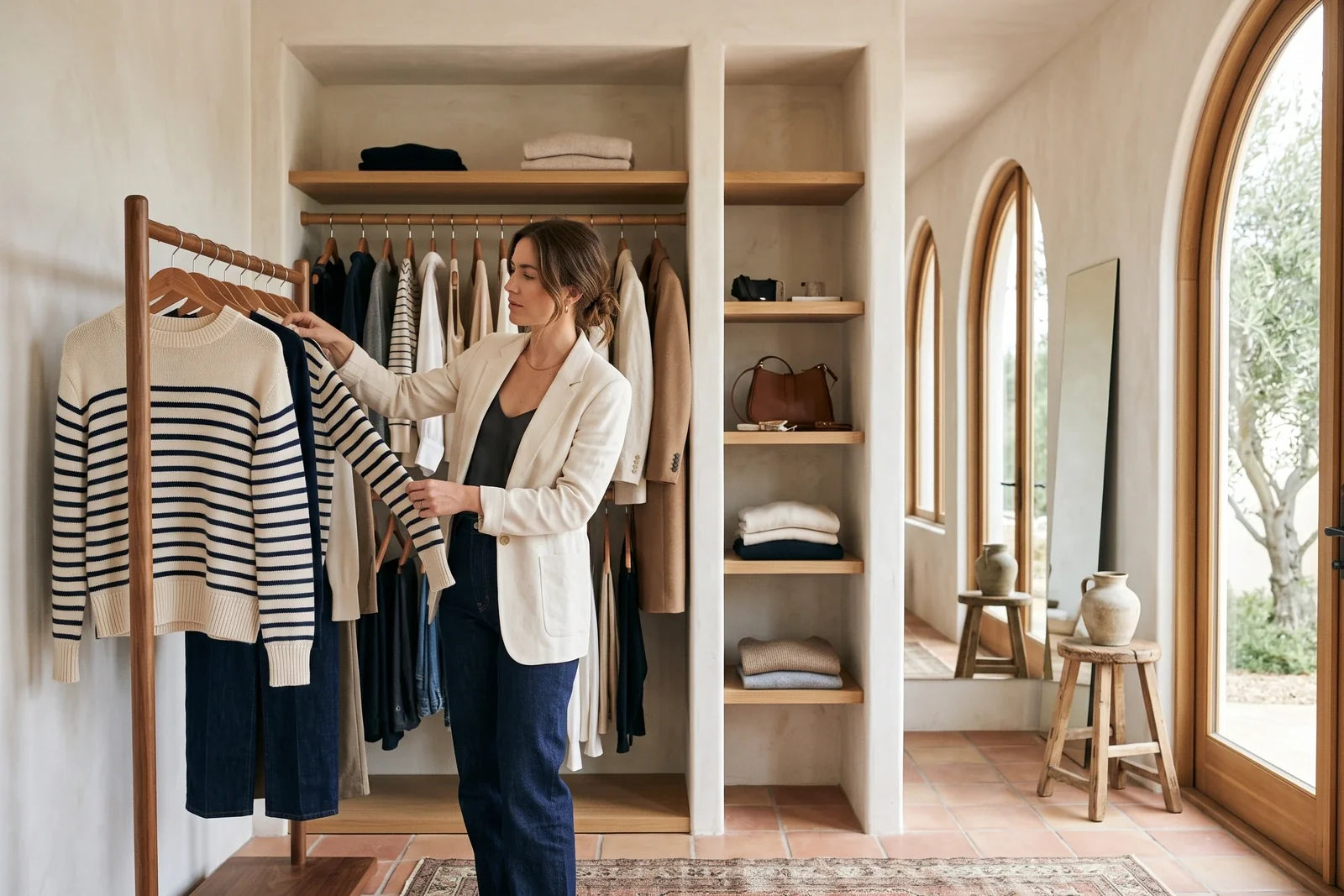 Woman reviewing wardrobe pieces for a closet refresh