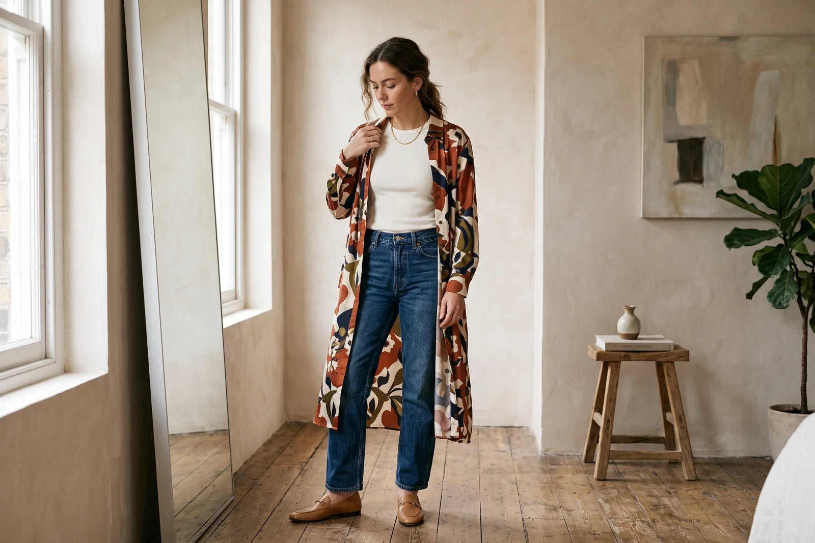 Woman styling a statement fashion piece with simple wardrobe basics