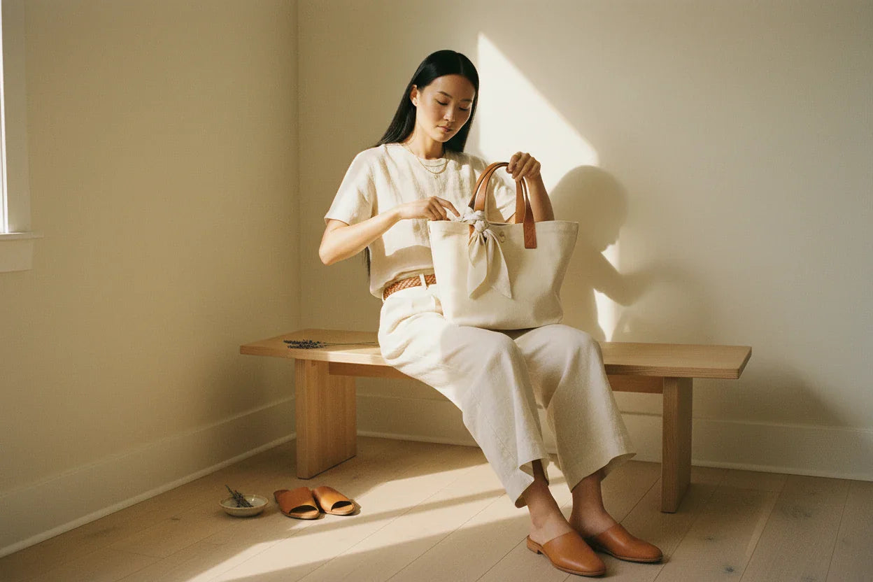 Woman seated on a bench with a canvas tote bag and leather accessories