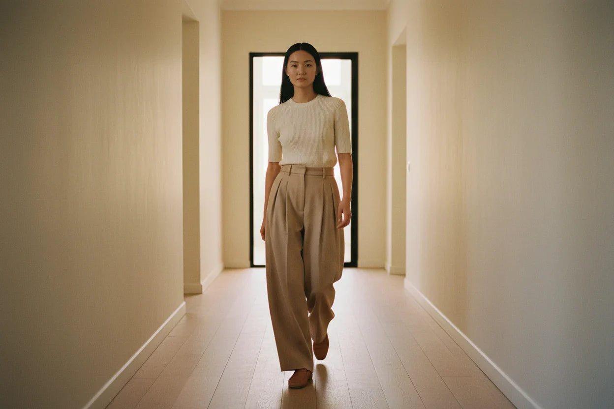 Woman in wide-leg oat trousers walking through a long sunlit hallway