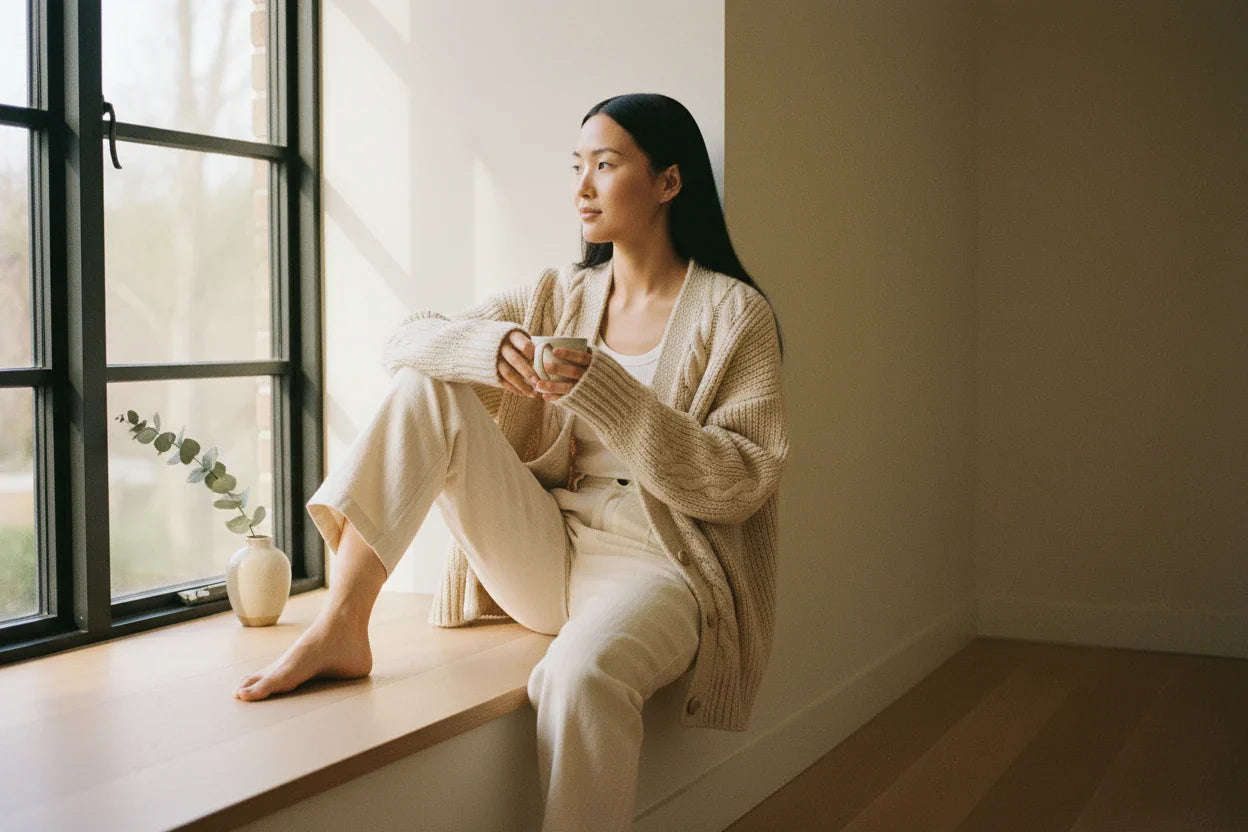 Woman in an oat fisherman knit cardigan seated on a sunlit windowsill with tea