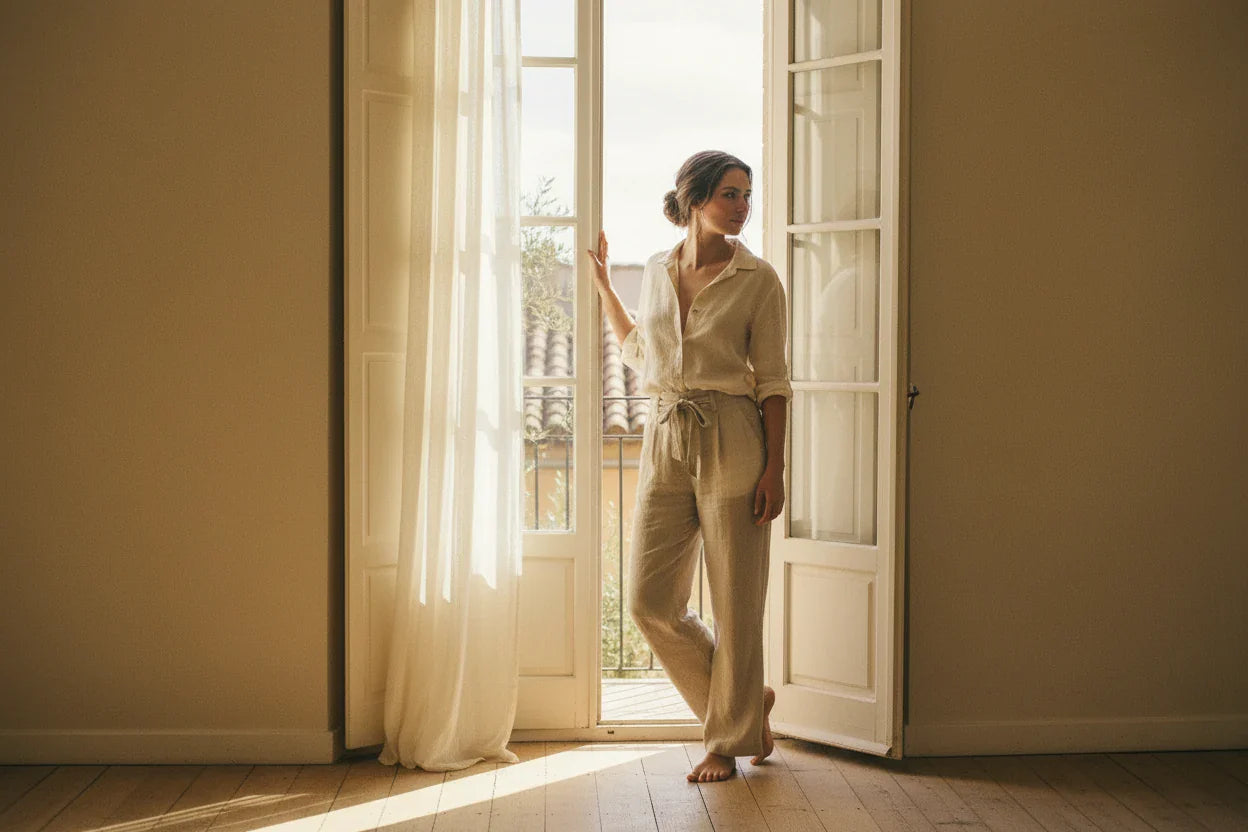 Woman in linen separates at an open balcony doorway in warm morning light