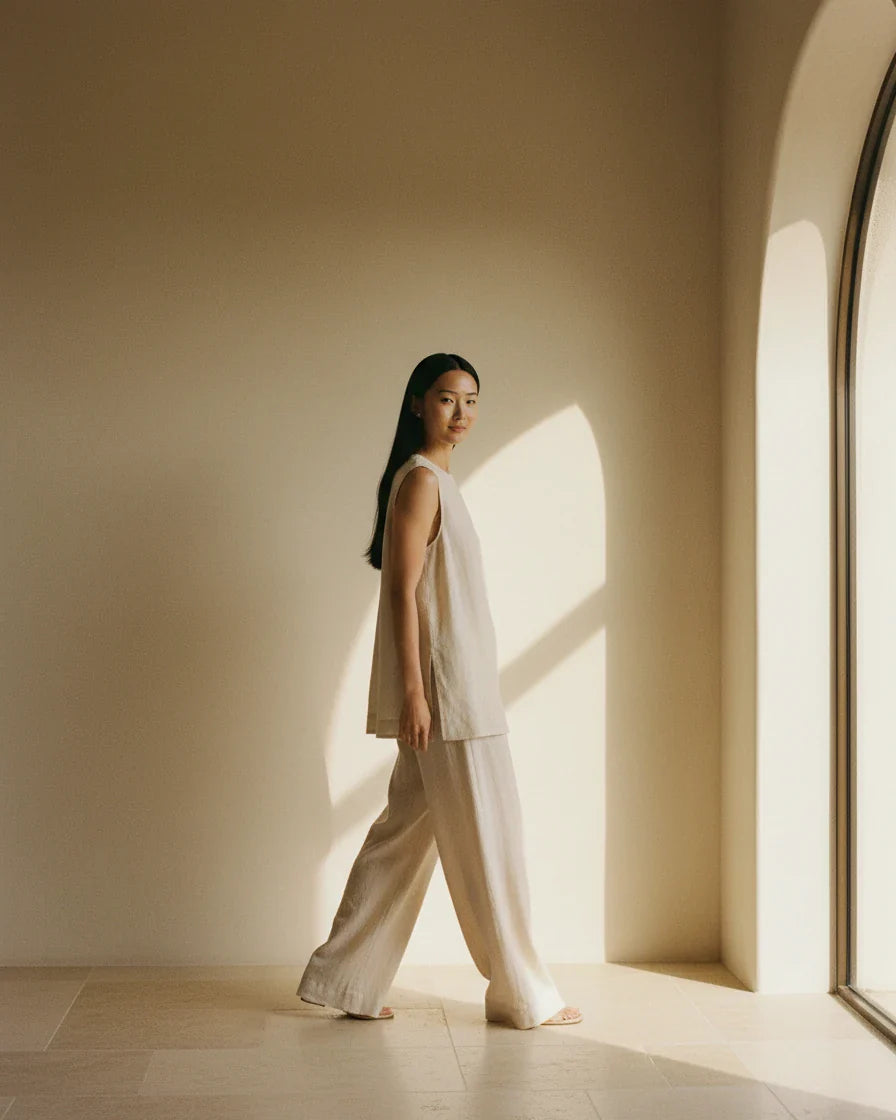 Editorial coordinated matching set in a warm Mediterranean interior
