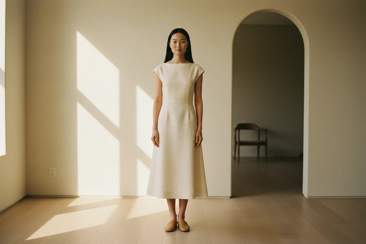 Woman in an architectural bone midi dress in a sunlit minimal interior