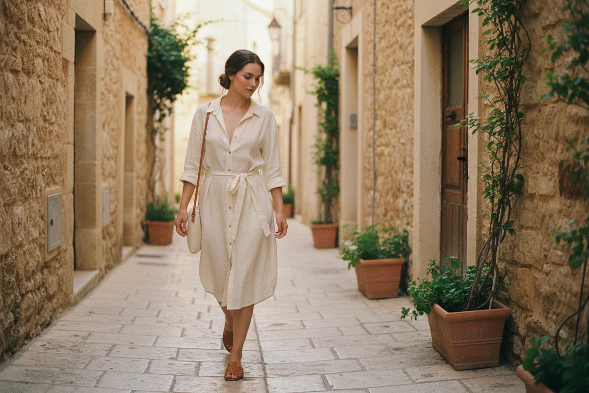 Woman walking through a sun-dappled Mediterranean alleyway