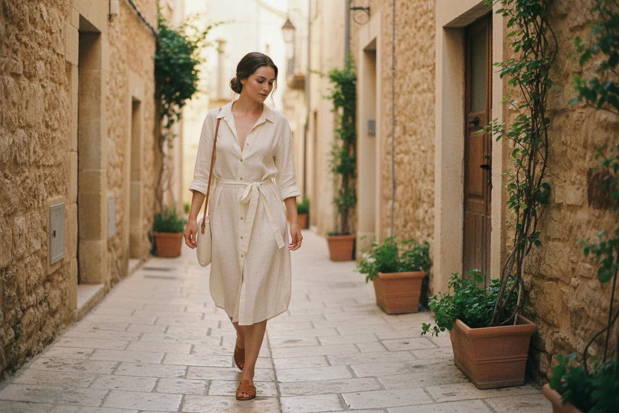 Woman walking through a sun-dappled Mediterranean alleyway
