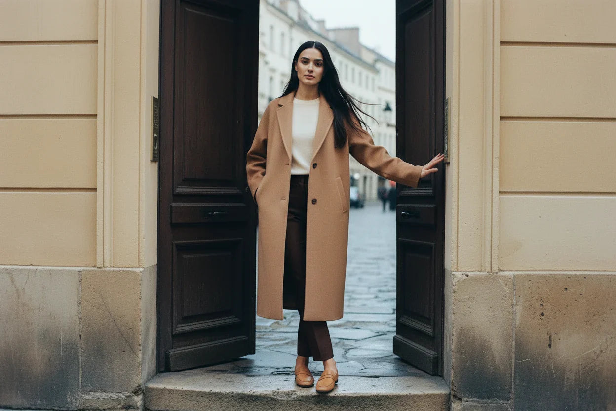 Woman in a camel coat in an open townhouse doorway on an overcast morning