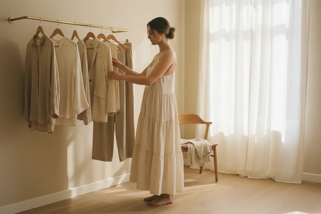 Woman touching linen pieces on a brass rail in a sunlit room
