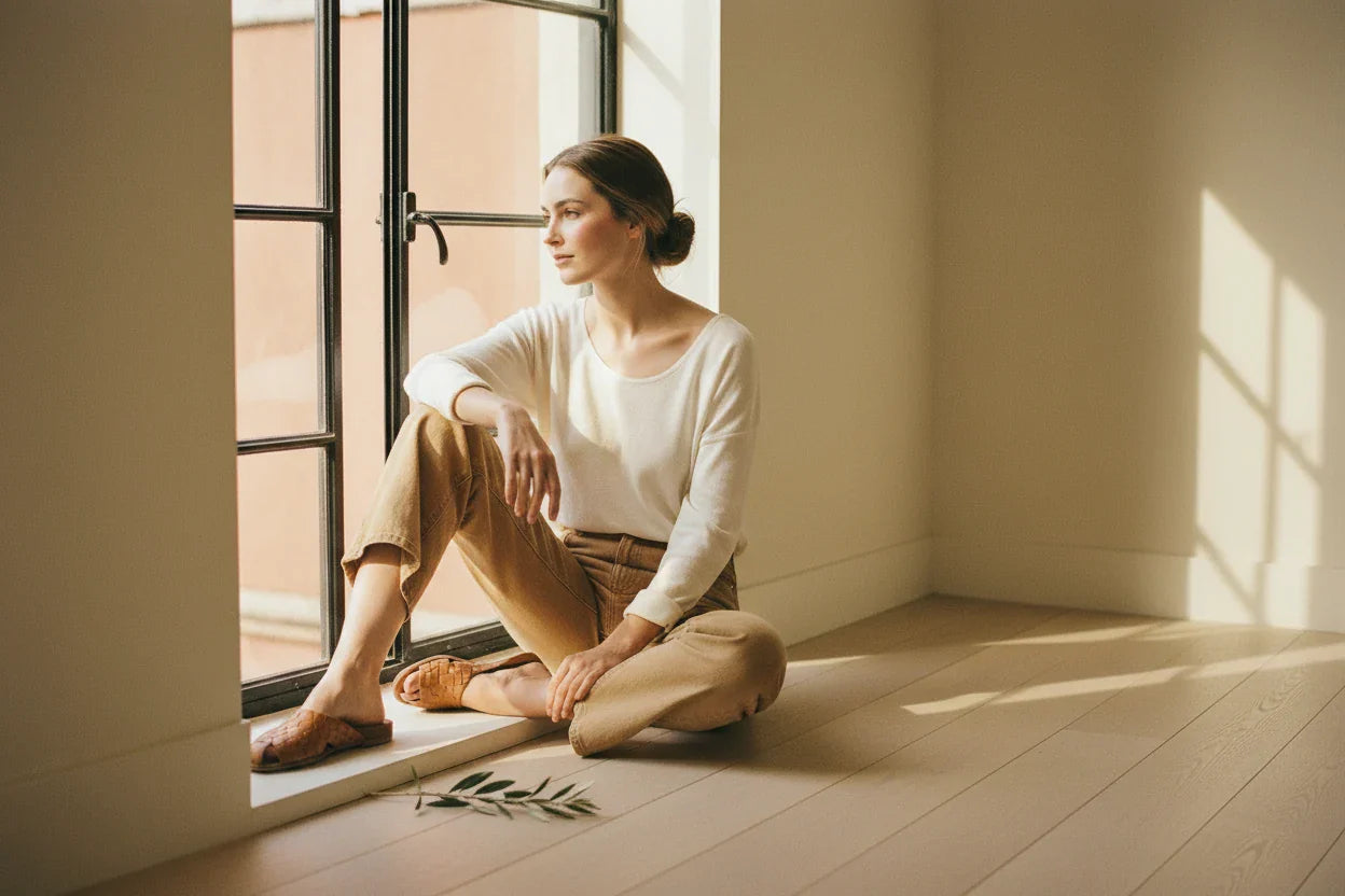 Woman in a relaxed bone-colored top seated on a sunlit windowsill