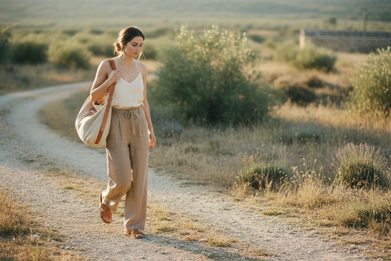 Woman walking along a sunlit path with a canvas travel bag
