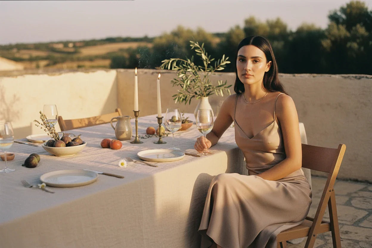 Woman seated at a long outdoor table set for an evening dinner
