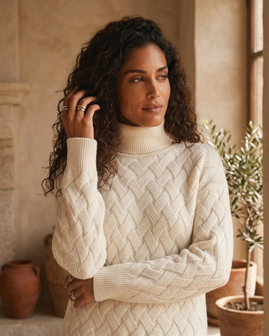 Woman wearing a beige relaxed-fit turtleneck sweater with a textured basketweave knit pattern.