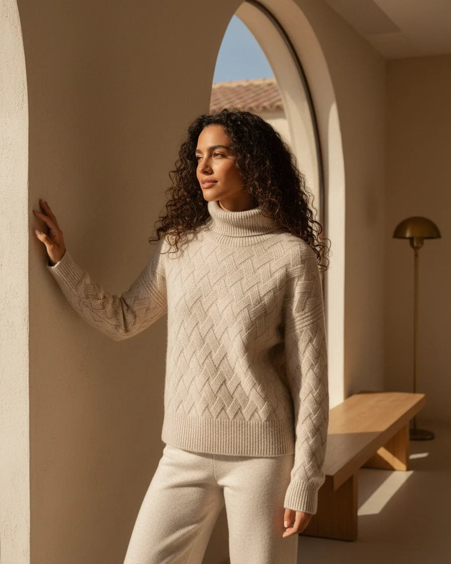 Woman wearing a beige relaxed-fit turtleneck sweater with a textured basketweave knit pattern. - 3