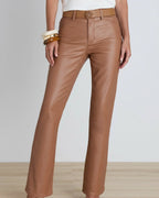 Women's Coated Mocha Brown Flare Jeans - Mid-Rise Leather-Look Stretch Denim with Five Pockets and Belt Loops | Polarys - 2