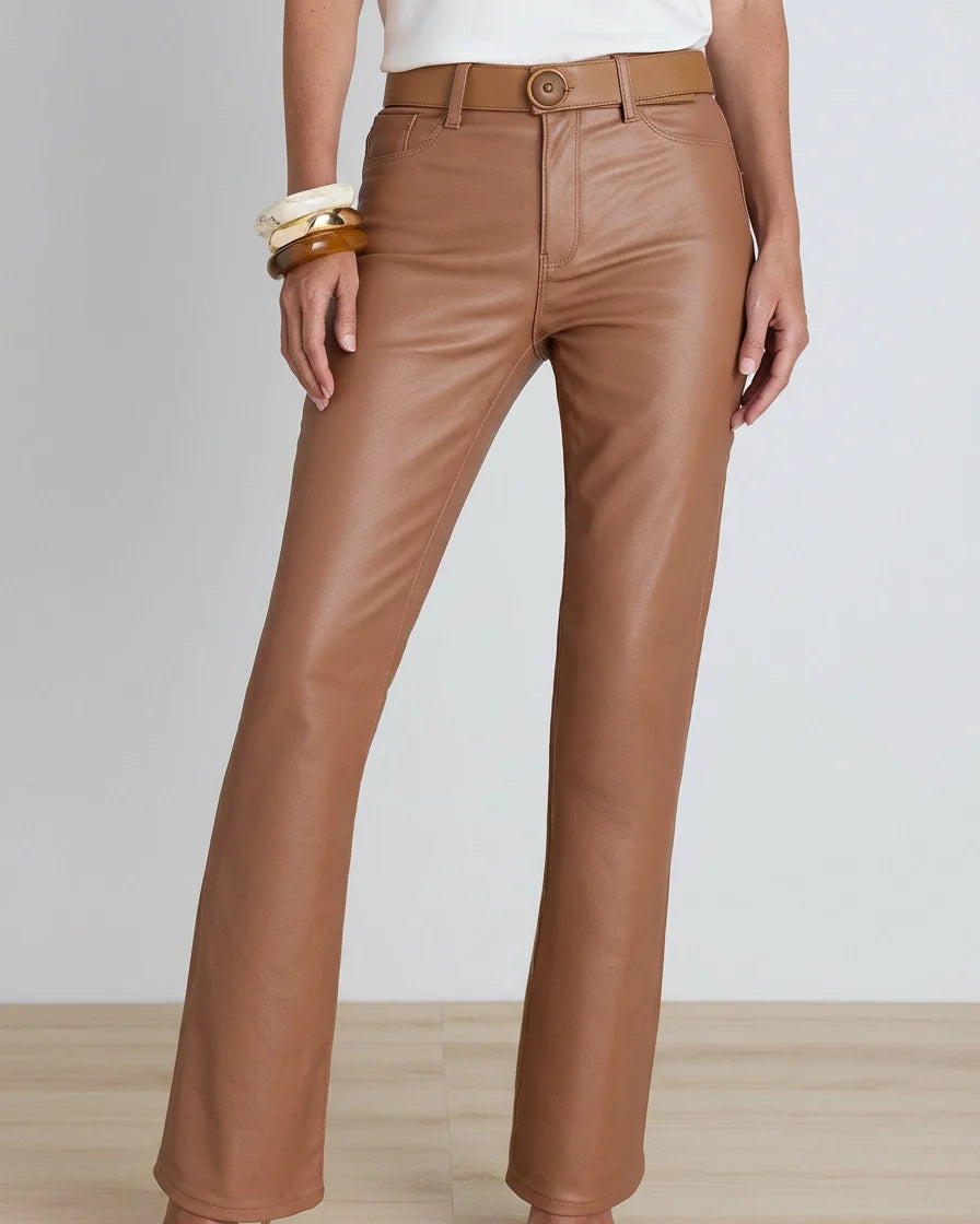 Women's Coated Mocha Brown Flare Jeans - Mid-Rise Leather-Look Stretch Denim with Five Pockets and Belt Loops | Polarys - 2