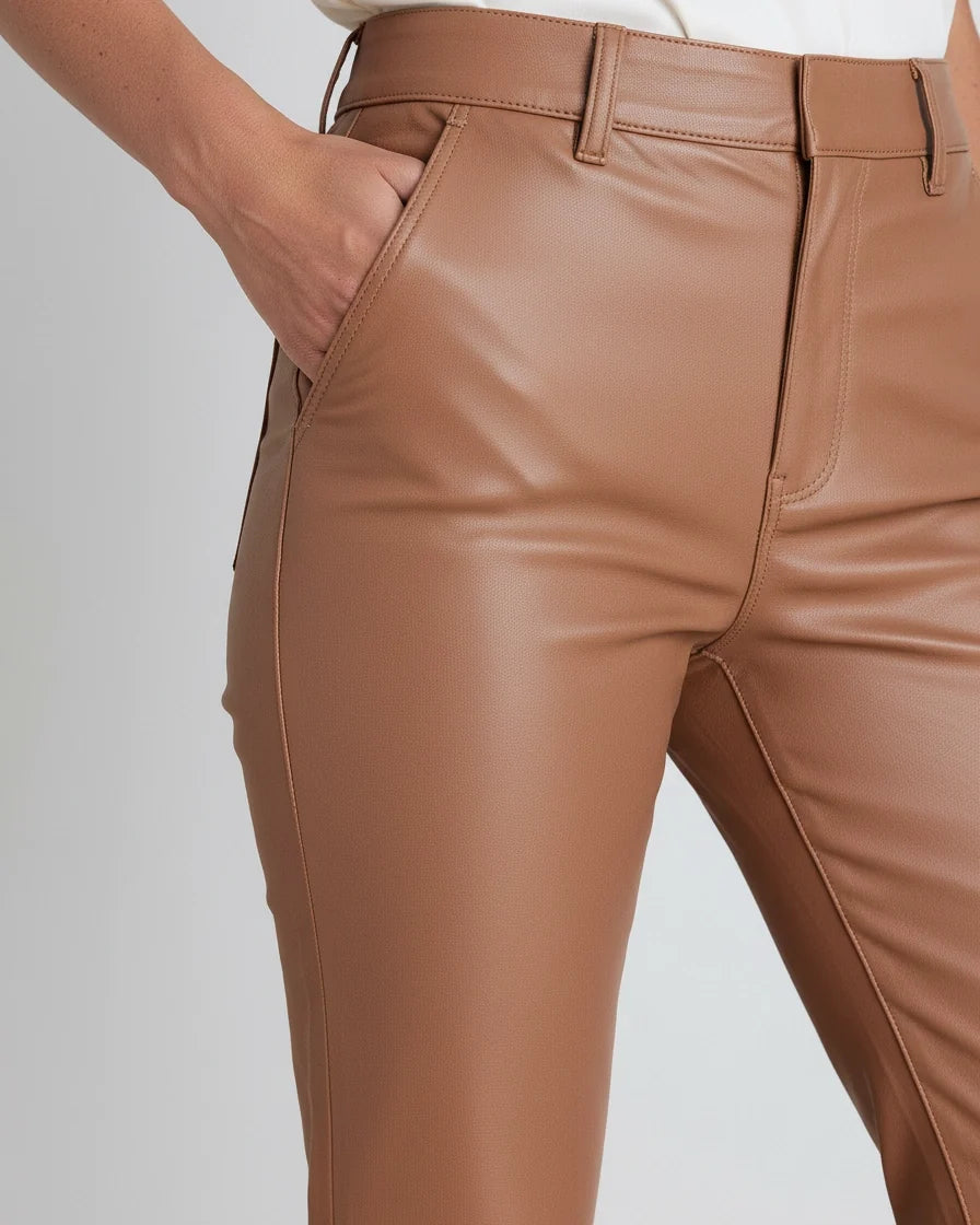 Women's Coated Mocha Brown Flare Jeans - Mid-Rise Leather-Look Stretch Denim with Five Pockets and Belt Loops | Polarys - 4