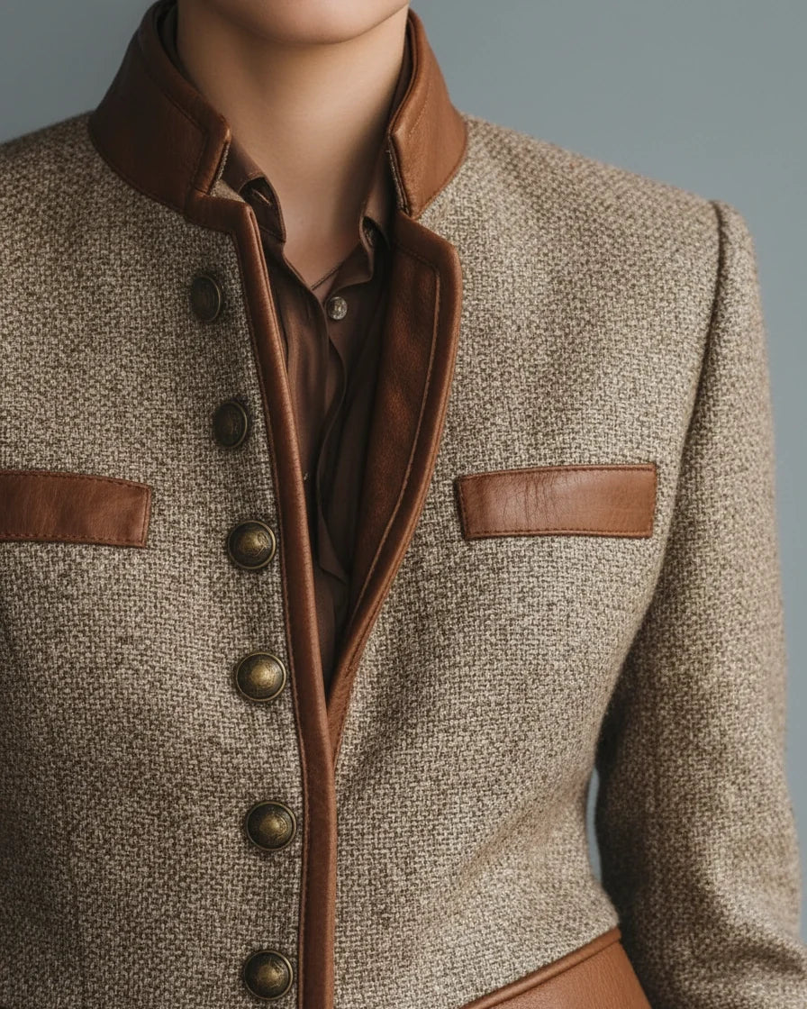 Women's Brown Tweed Jacket with Contrast Trim, Stand Collar and Buttons