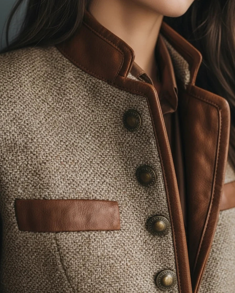 Women's Brown Tweed Jacket with Contrast Trim, Stand Collar and Buttons