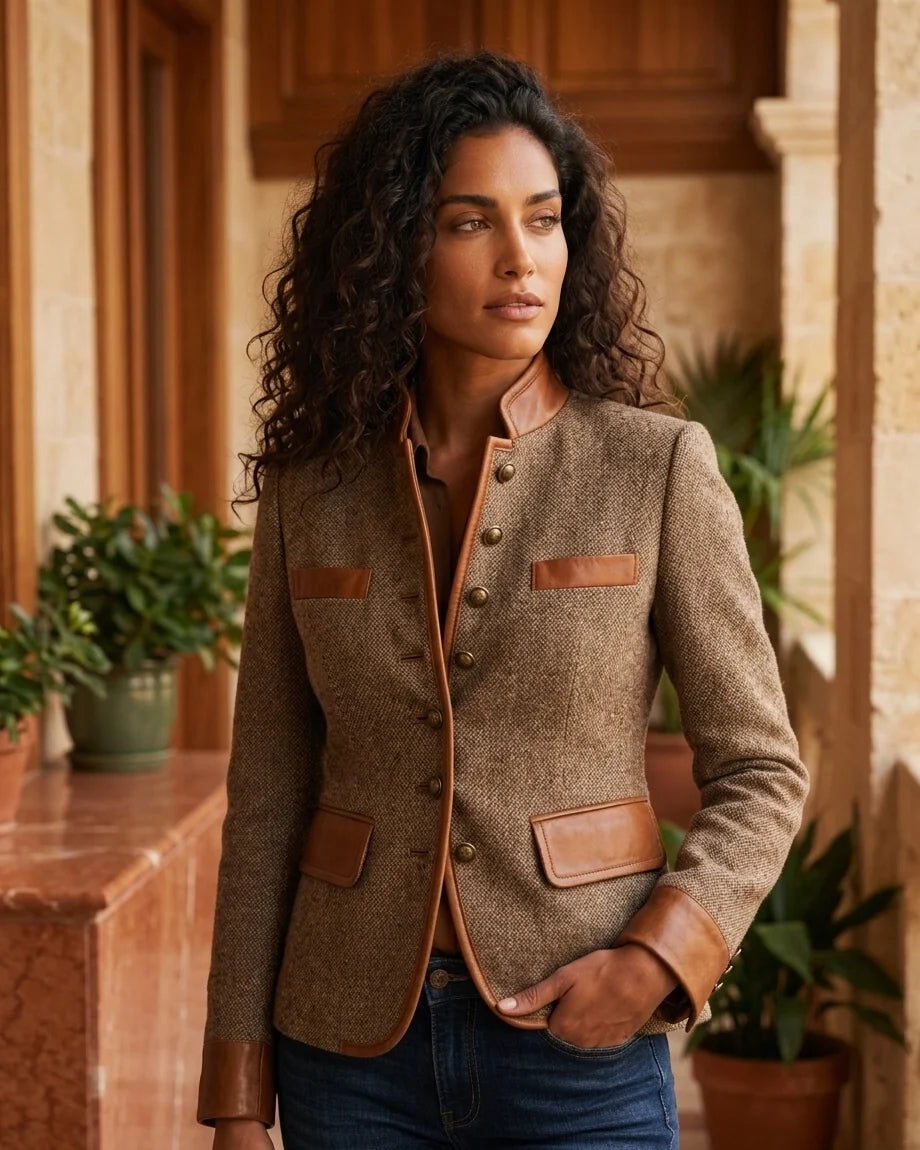 Women's Brown Tweed Jacket with Contrast Trim, Stand Collar and Buttons