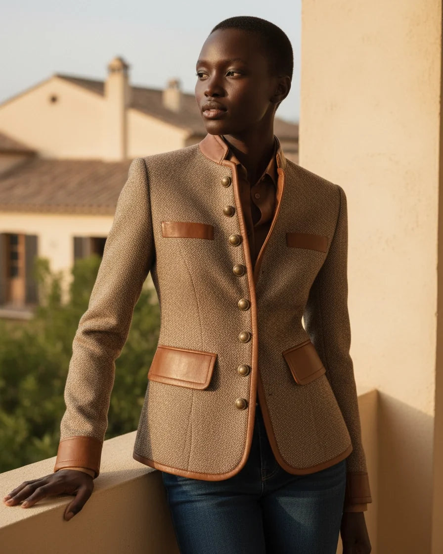 Women's Brown Tweed Jacket with Contrast Trim, Stand Collar and Buttons