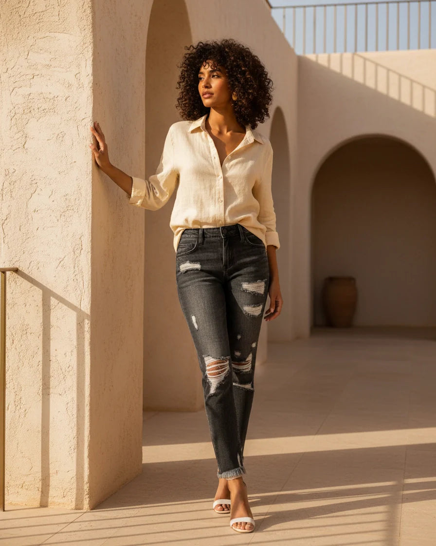 Light blue high-waist skinny denim jeans with distressed knee rips and frayed hems. - 3