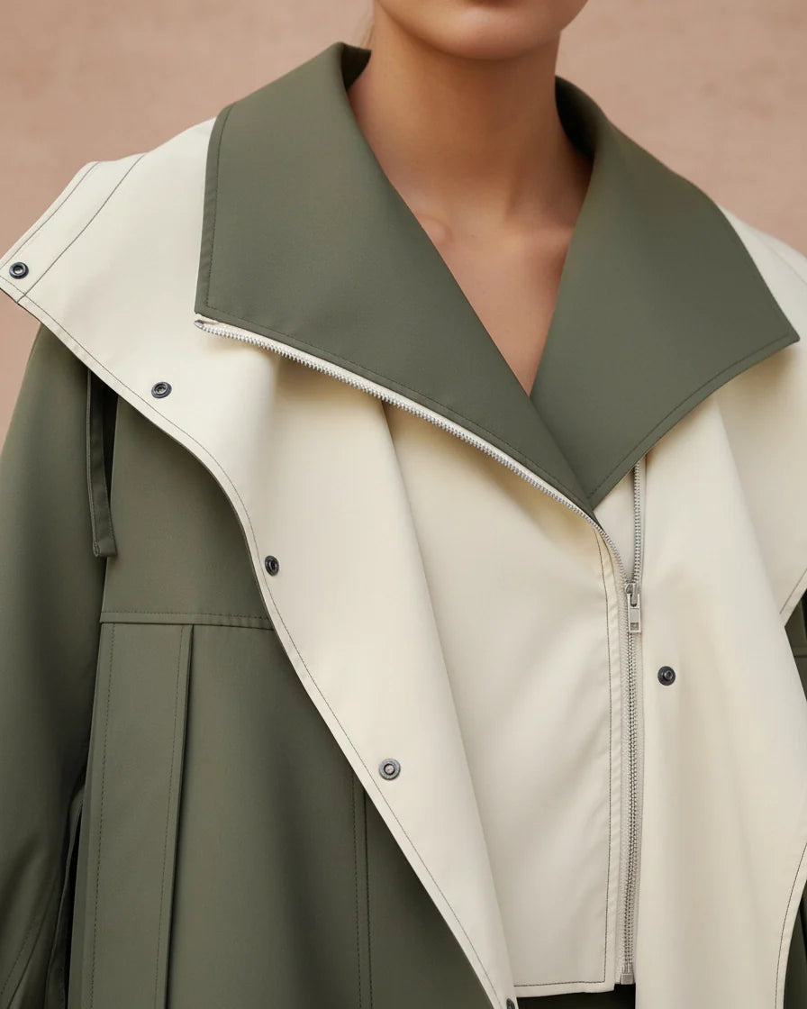 Oversized utility windbreaker with wide collar and drawcord waist in olive green. - 5