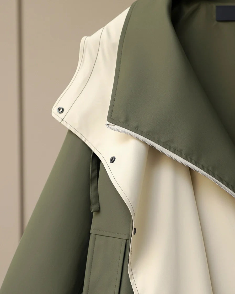 Oversized utility windbreaker with wide collar and drawcord waist in olive green. - 7