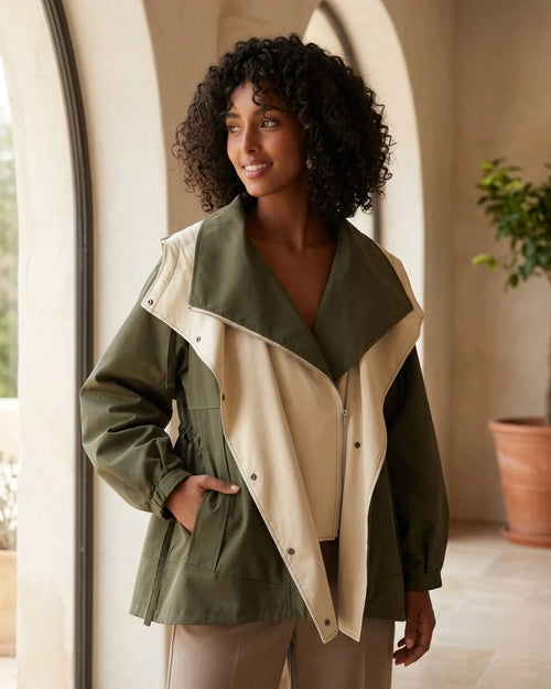 Oversized utility windbreaker with wide collar and drawcord waist in olive green.