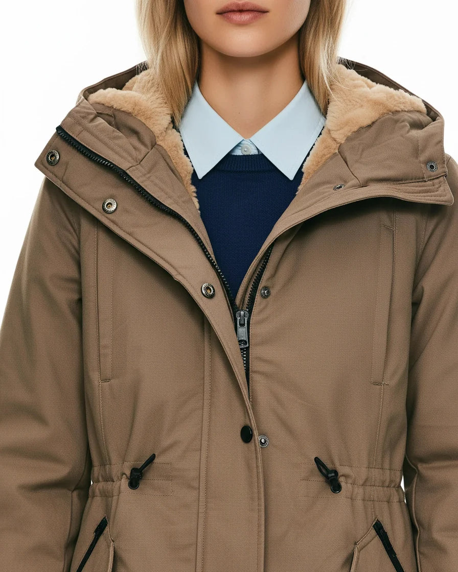 Mid-length cotton parka in khaki with an adjustable drawstring waist, fleece lining, and hooded neckline. - 6