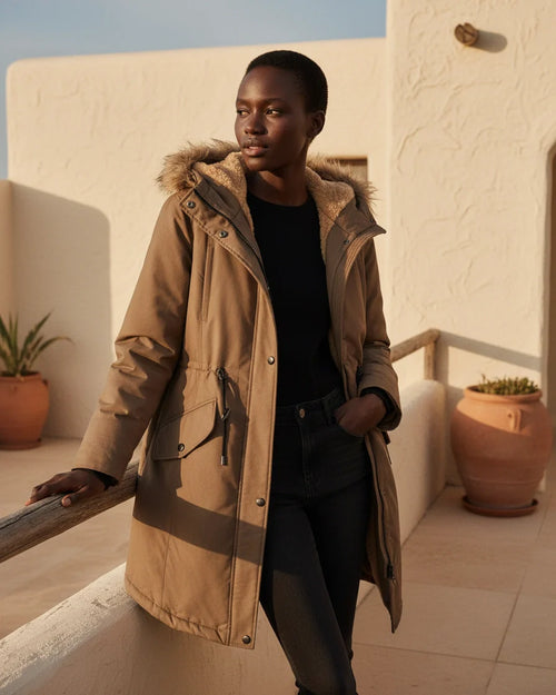Mid-length cotton parka in khaki with an adjustable drawstring waist, fleece lining, and hooded neckline. - 2