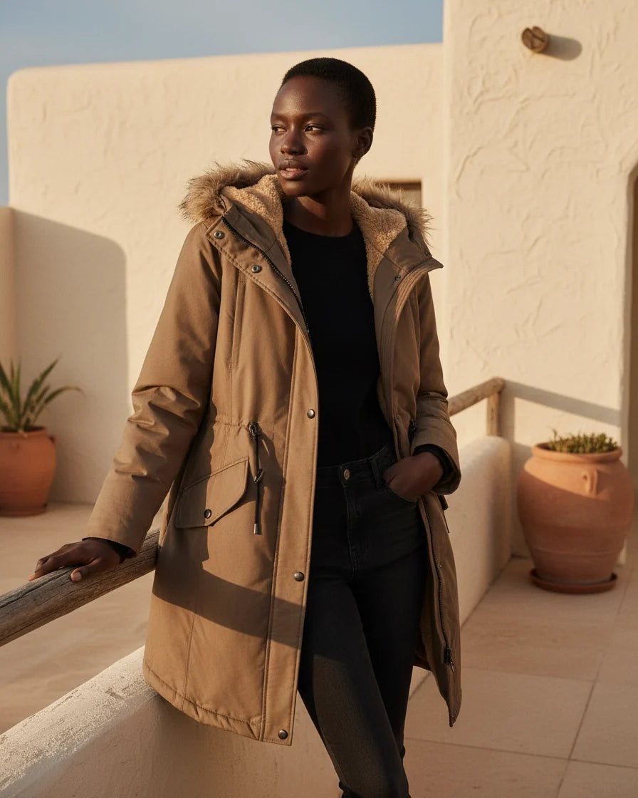 Women Drawstring Waist Fleece-Lined Parka