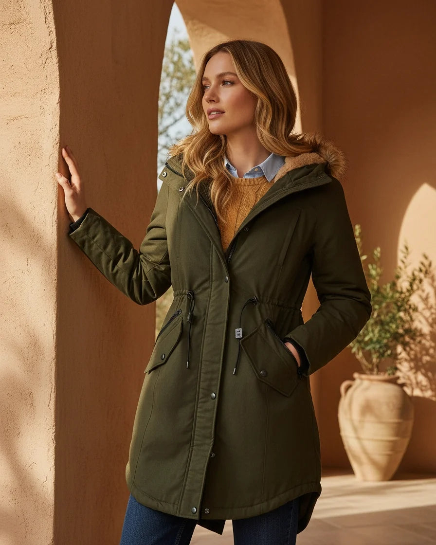 Women Drawstring Waist Fleece-Lined Parka