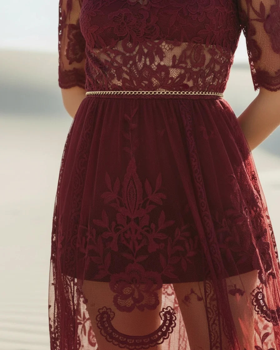 Women Embroidered Lace Tulle Maxi Dress in Burgundy