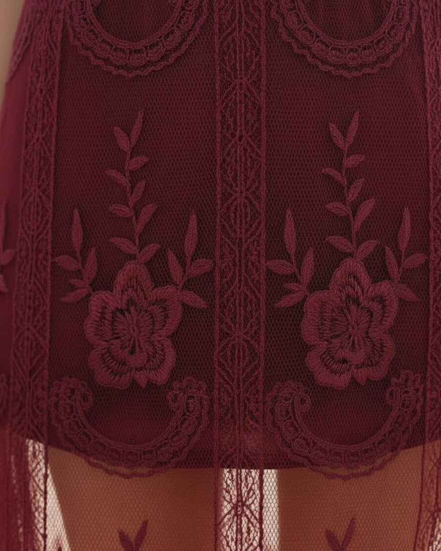 Women Embroidered Lace Tulle Maxi Dress in Burgundy