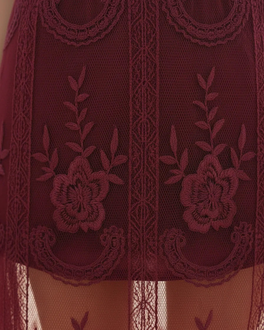 Burgundy maxi dress with floral lace embroidery, short sleeves, and a sheer tulle skirt over a short lining. - 5