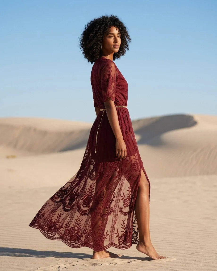 Women Embroidered Lace Tulle Maxi Dress in Burgundy