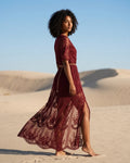 Women Embroidered Lace Tulle Maxi Dress in Burgundy