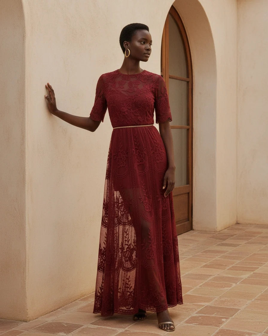 Women Embroidered Lace Tulle Maxi Dress in Burgundy