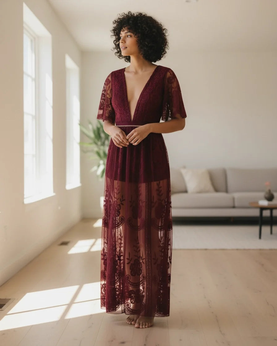 Women Embroidered Lace Tulle Maxi Dress