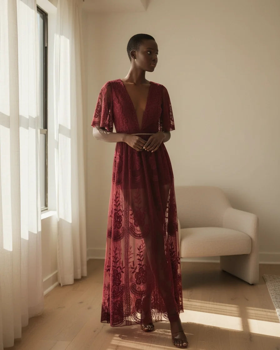 Women Embroidered Lace Tulle Maxi Dress - 2