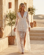 Women Embroidered Lace V-Neck Maxi Dress
