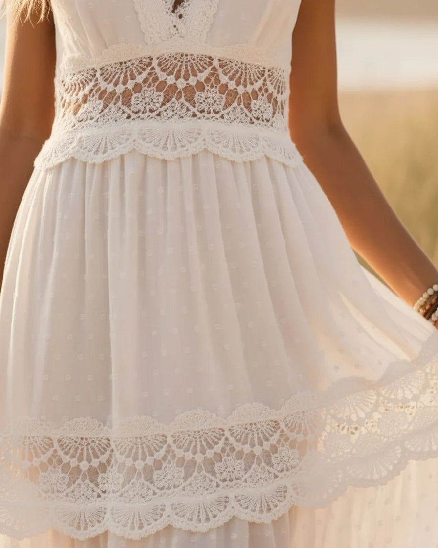 Women Floral Lace V-Neck Maxi Dress in White