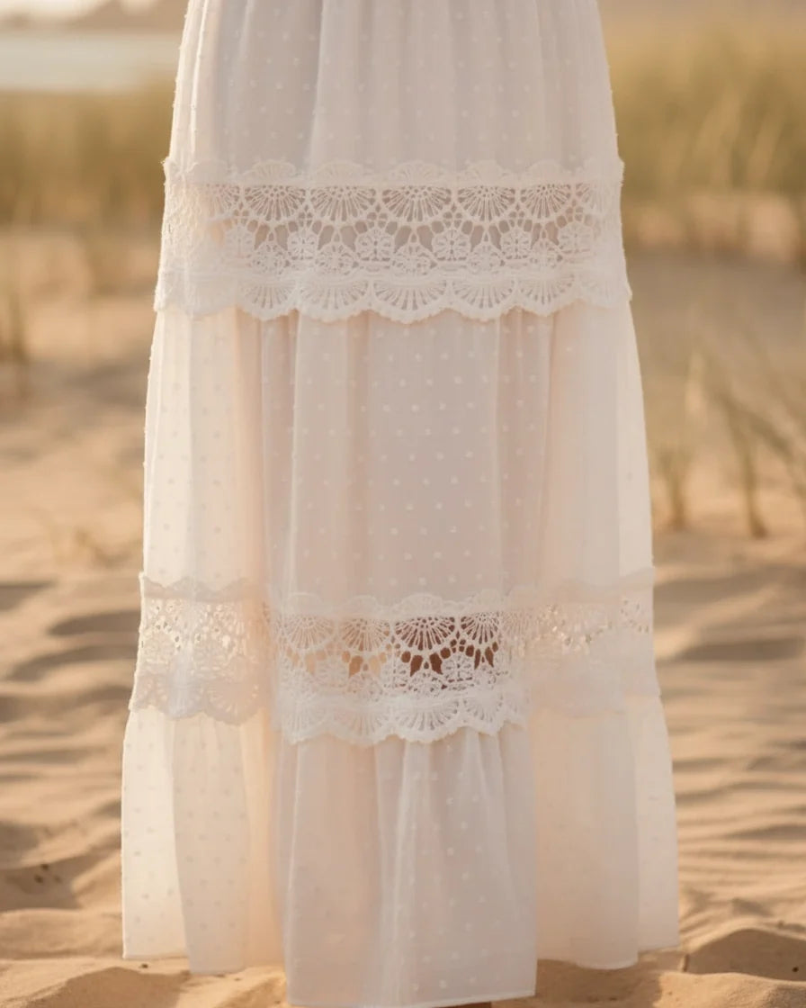 Women Floral Lace V-Neck Maxi Dress in White