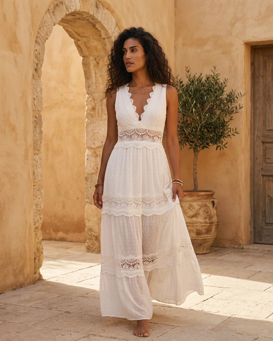 Women Floral Lace V-Neck Maxi Dress in White