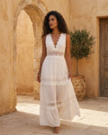 Women Floral Lace V-Neck Maxi Dress in White