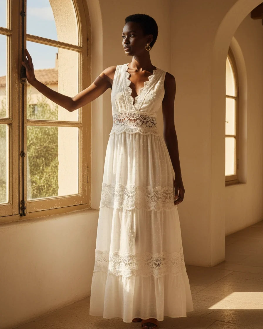 Women Floral Lace V-Neck Maxi Dress in White