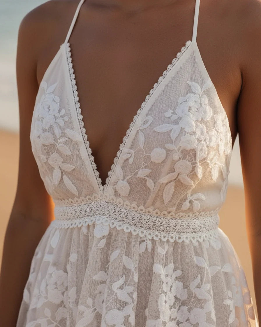 Sleeveless white mini dress featuring floral lace overlay, V-neckline, and scalloped hem. - 3